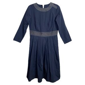 eShakti Poplin Trapunto Banded Waist Navy Blue Dress